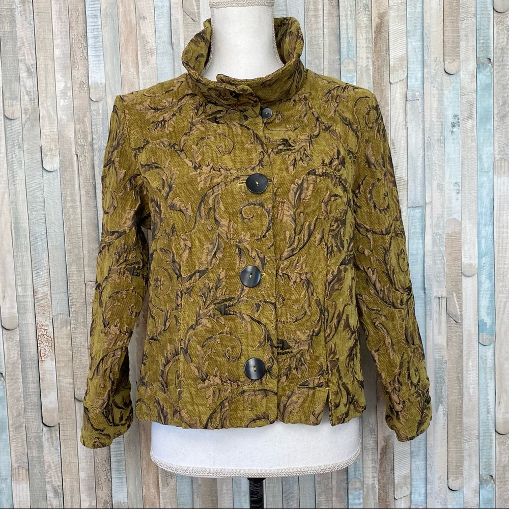 Cut Loose M Jacquard Brocade Button Jacket Blazer Green‎ Gold Boho Lagenlook
